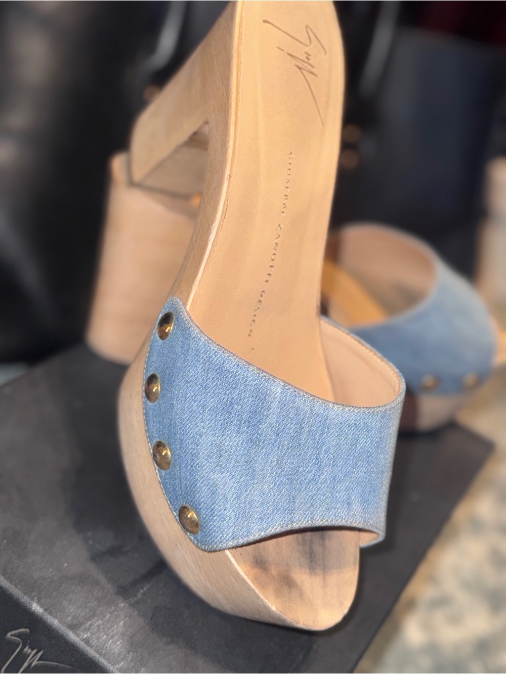 Giuseppe Zanotti Light Blue Denim Studded Wood-Heel Mules chipped by the front - Picture 2 of 4
